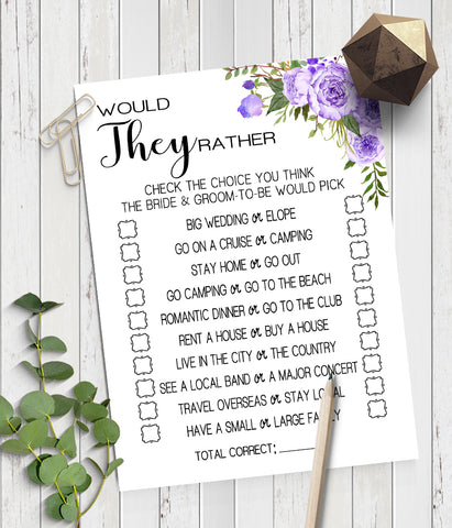 Would They Rather? Bridal Shower game, Ready to Print, Purple floral boho chic G 106-20