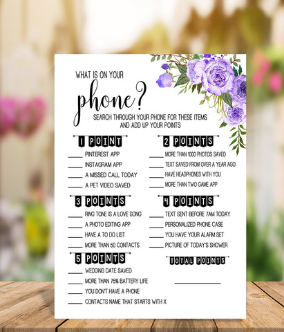 What is on your phone? Bridal Shower game, Ready to Print, Purple floral boho chic G 106-22