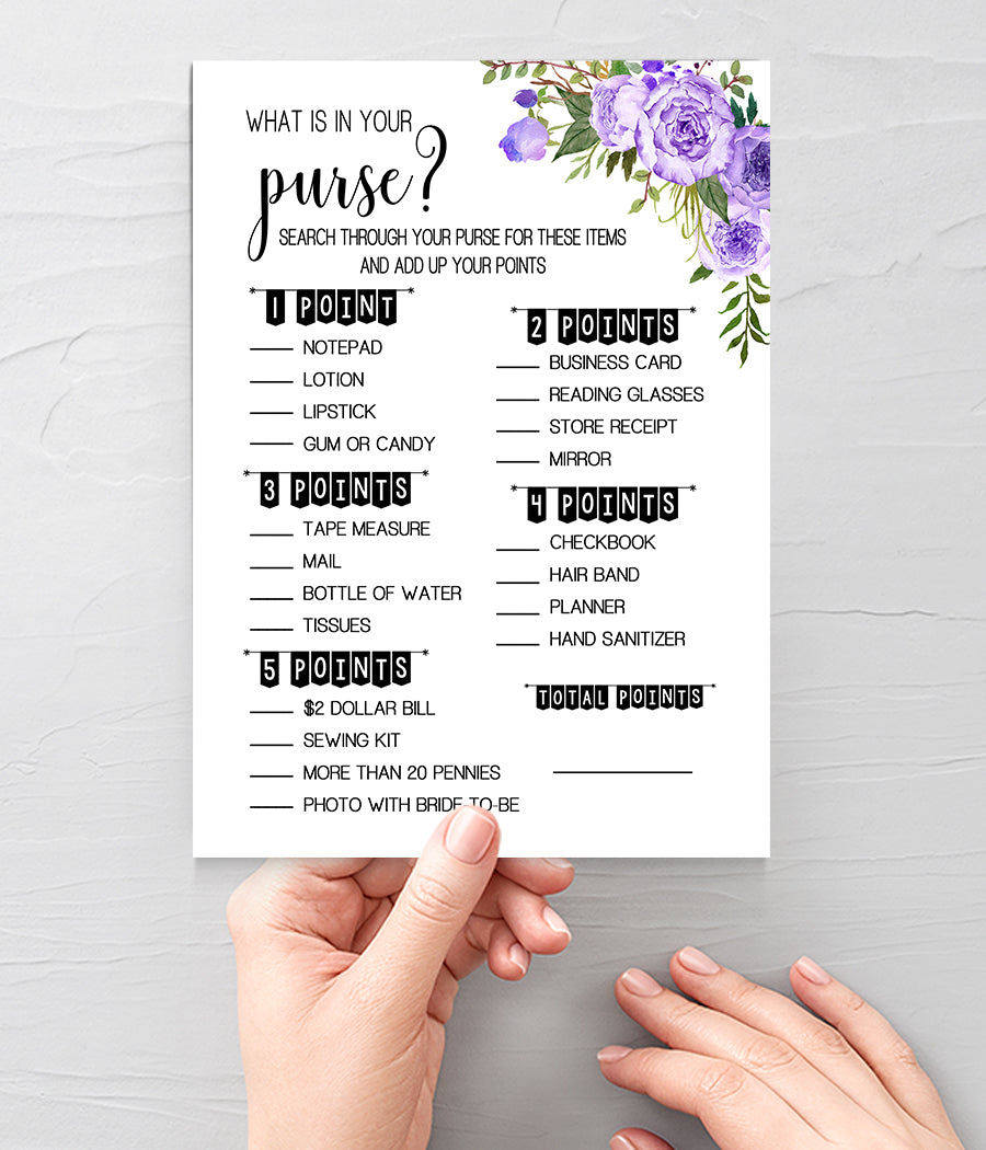 What is in your Purse? Bridal Shower game, Ready to Print, Purple floral boho chic G 106-23
