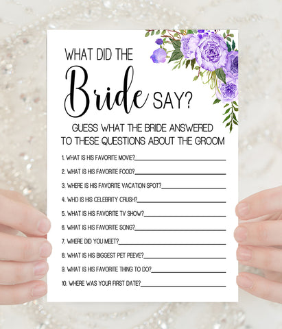 What did the Bride Say Bridal Shower game, Ready to Print, Purple floral boho chic G 106-26