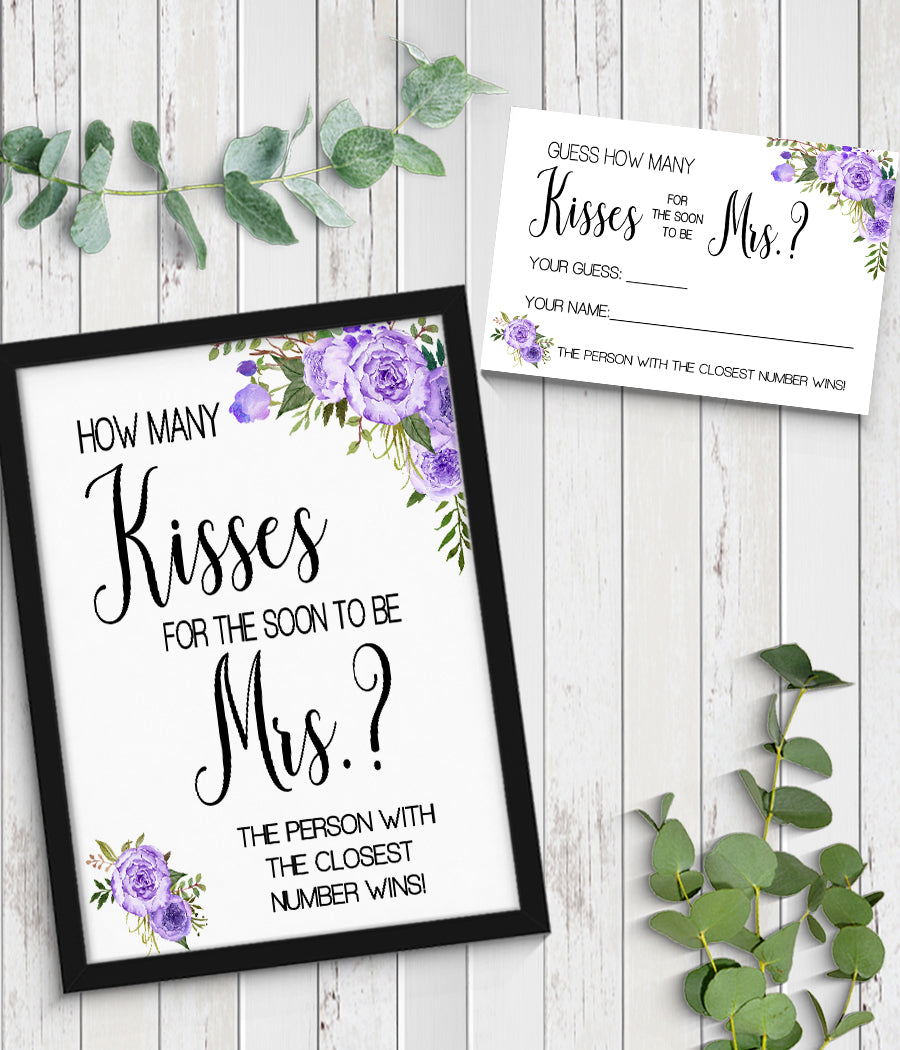 How many Kisses for the soon to be Mrs Bridal Shower Game, Ready to Print, purple floral boho chic G 106-27