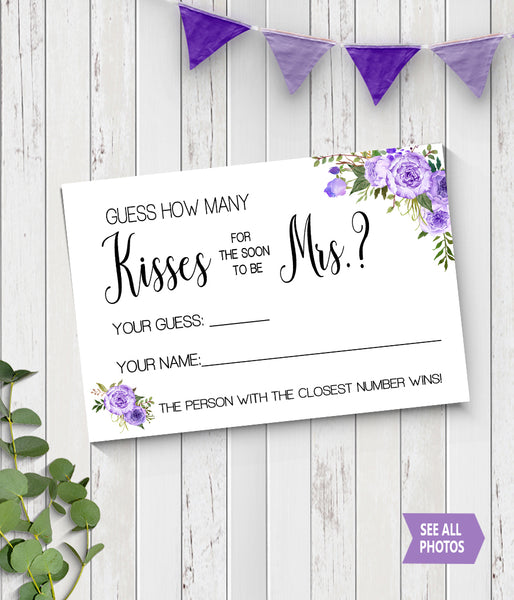 How many Kisses for the soon to be Mrs Bridal Shower Game, Ready to Print, purple floral boho chic G 106-27