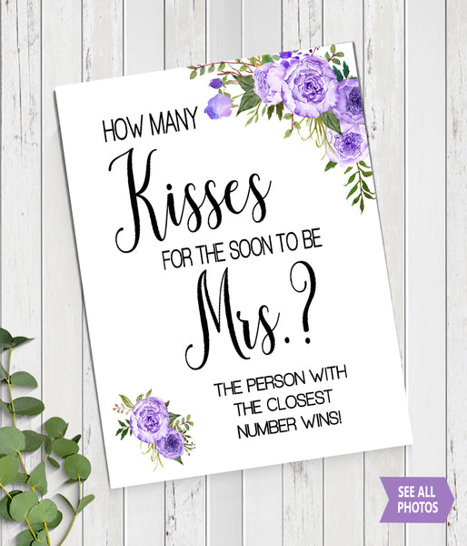 How many Kisses for the soon to be Mrs Bridal Shower Game, Ready to Print, purple floral boho chic G 106-27