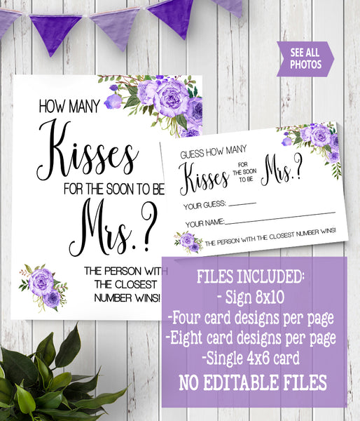 How many Kisses for the soon to be Mrs Bridal Shower Game, Ready to Print, purple floral boho chic G 106-27