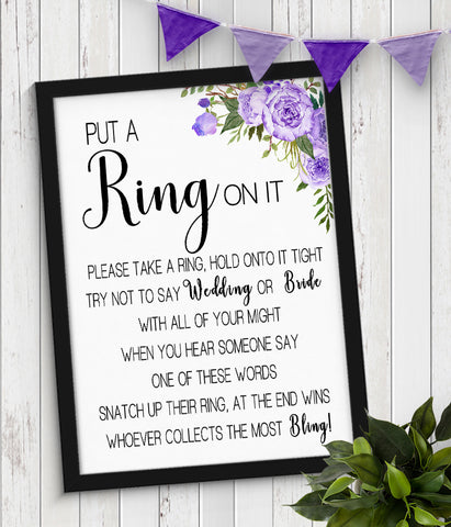 Put a Ring on it Bridal Shower Game, Ready to Print, purple floral boho chic G 106-28