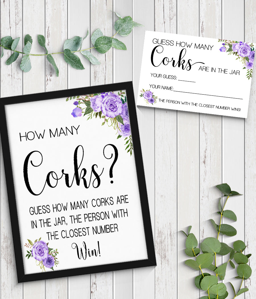 Guess how many corks Bridal Shower Game, Ready to Print, purple floral boho chic G 106-31