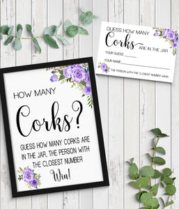 Guess how many corks Bridal Shower Game, Ready to Print, purple floral boho chic G 106-31