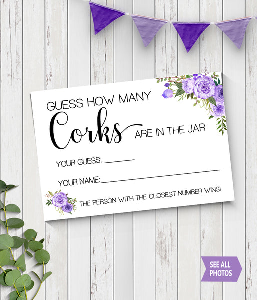 Guess how many corks Bridal Shower Game, Ready to Print, purple floral boho chic G 106-31