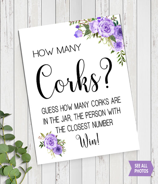 Guess how many corks Bridal Shower Game, Ready to Print, purple floral boho chic G 106-31