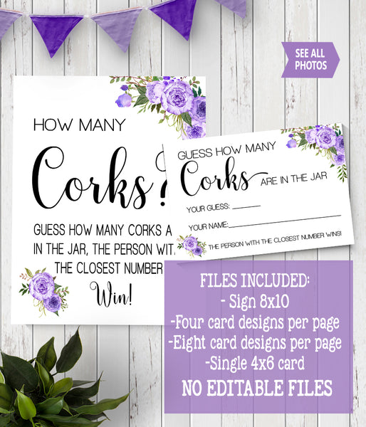 Guess how many corks Bridal Shower Game, Ready to Print, purple floral boho chic G 106-31