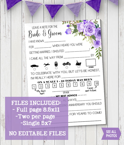 Leave a note to the Bride and Groom Wedding activity, Ready to Print, purple floral boho chic G 106-36