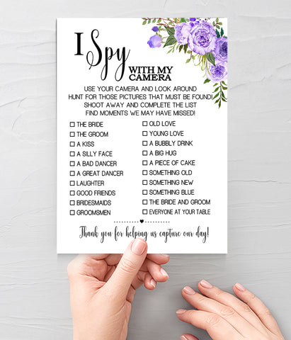 I Spy with my camera Wedding Reception activity game, Ready to Print, purple floral boho chic G 106-37
