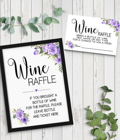 Wine Raffle bring a bottle Bridal Shower Game, Ready to Print, Purple floral boho chic G 106-50
