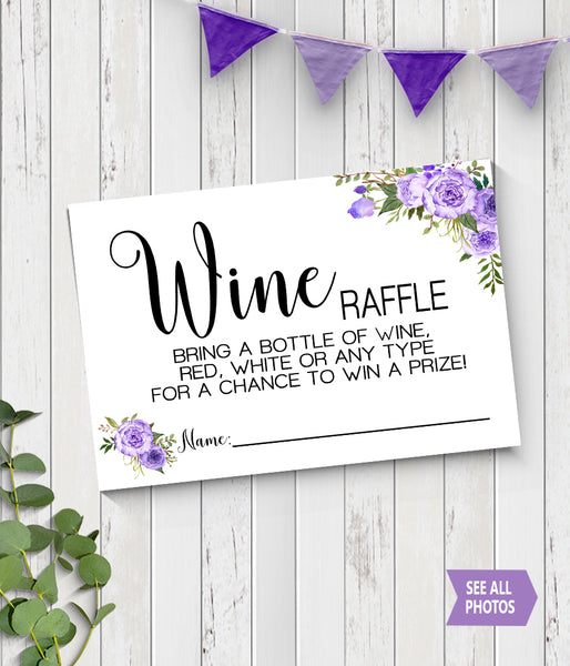 Wine Raffle bring a bottle Bridal Shower Game, Ready to Print, Purple floral boho chic G 106-50