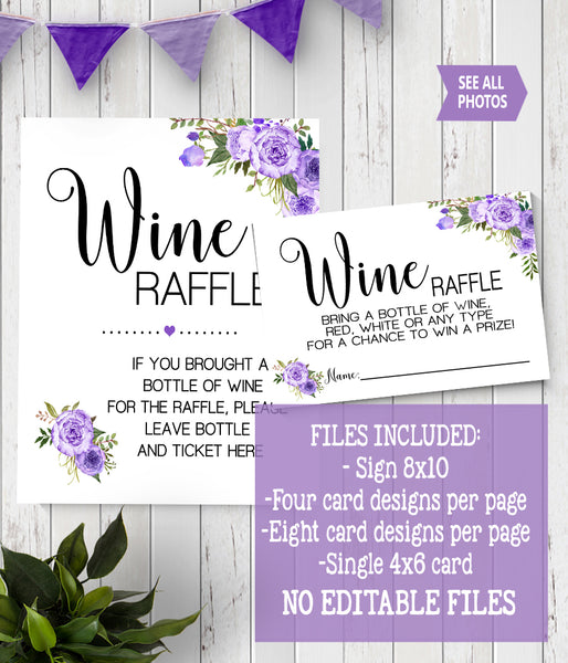 Wine Raffle bring a bottle Bridal Shower Game, Ready to Print, Purple floral boho chic G 106-50