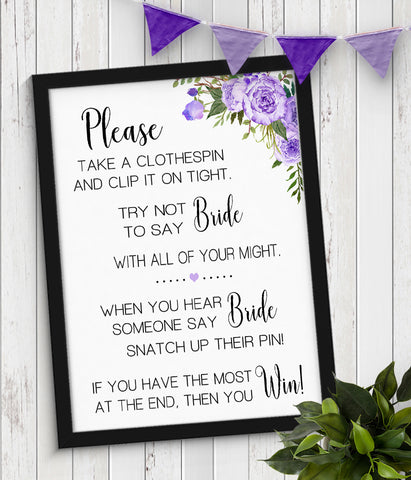 The Clothespin Bridal Shower Game, Ready to Print, Purple floral boho chic G 106-55