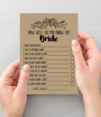How well do you know the Bride Bridal Shower, Ready to Print, rustic country chic kraft back G 101-10