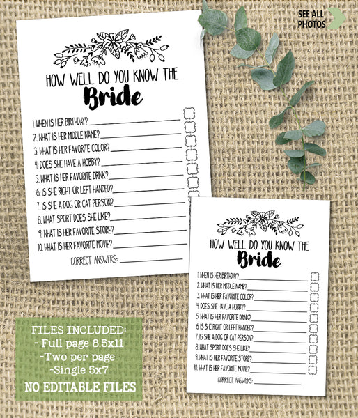 How well do you know the Bride Bridal Shower, Ready to Print, modern simple minimalist G 102-10