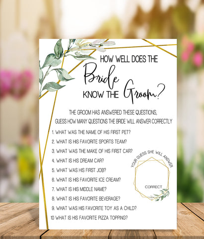 How well does Bride know Groom Bridal Shower game, Ready to Print, geometric greenery gold G 107-11