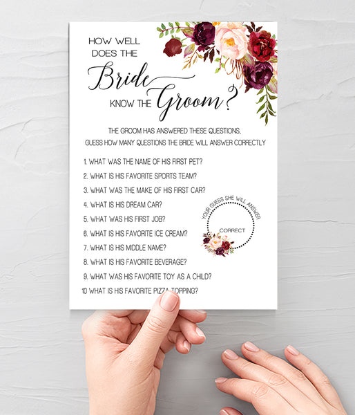 How well does Bride know Groom Bridal Shower game, Ready to Print, marsala floral boho chic G 108-11