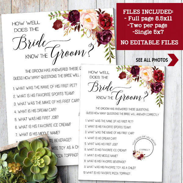 How well does Bride know Groom Bridal Shower game, Ready to Print, marsala floral boho chic G 108-11