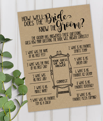 How well does Bride know Groom Bridal Shower game, Ready to Print, rustic country chic kraft back G 101-11
