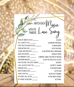 Match Movie with love song Bridal Shower game, Ready to Print, greenery gold geometric G 107-12