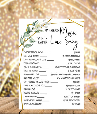 Match Movie with love song Bridal Shower game, Ready to Print, greenery gold geometric G 107-12