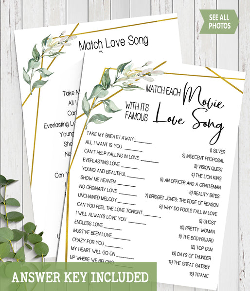 Match Movie with love song Bridal Shower game, Ready to Print, greenery gold geometric G 107-12