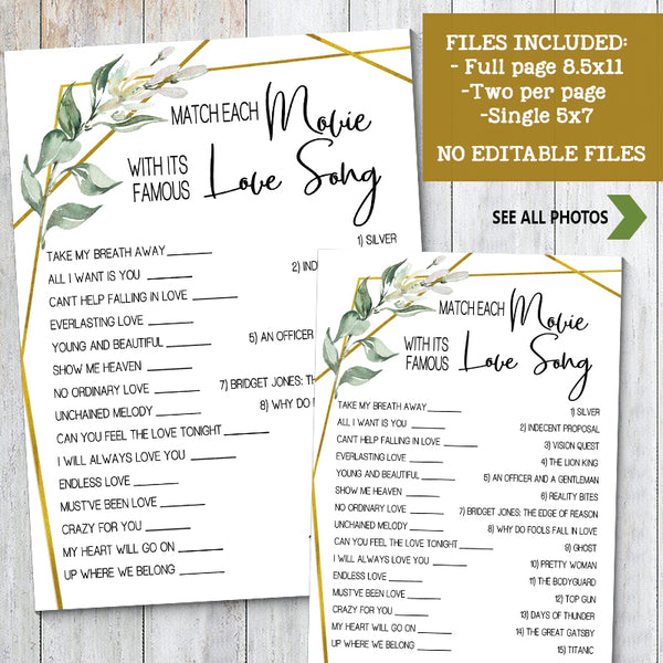 Match Movie with love song Bridal Shower game, Ready to Print, greenery gold geometric G 107-12