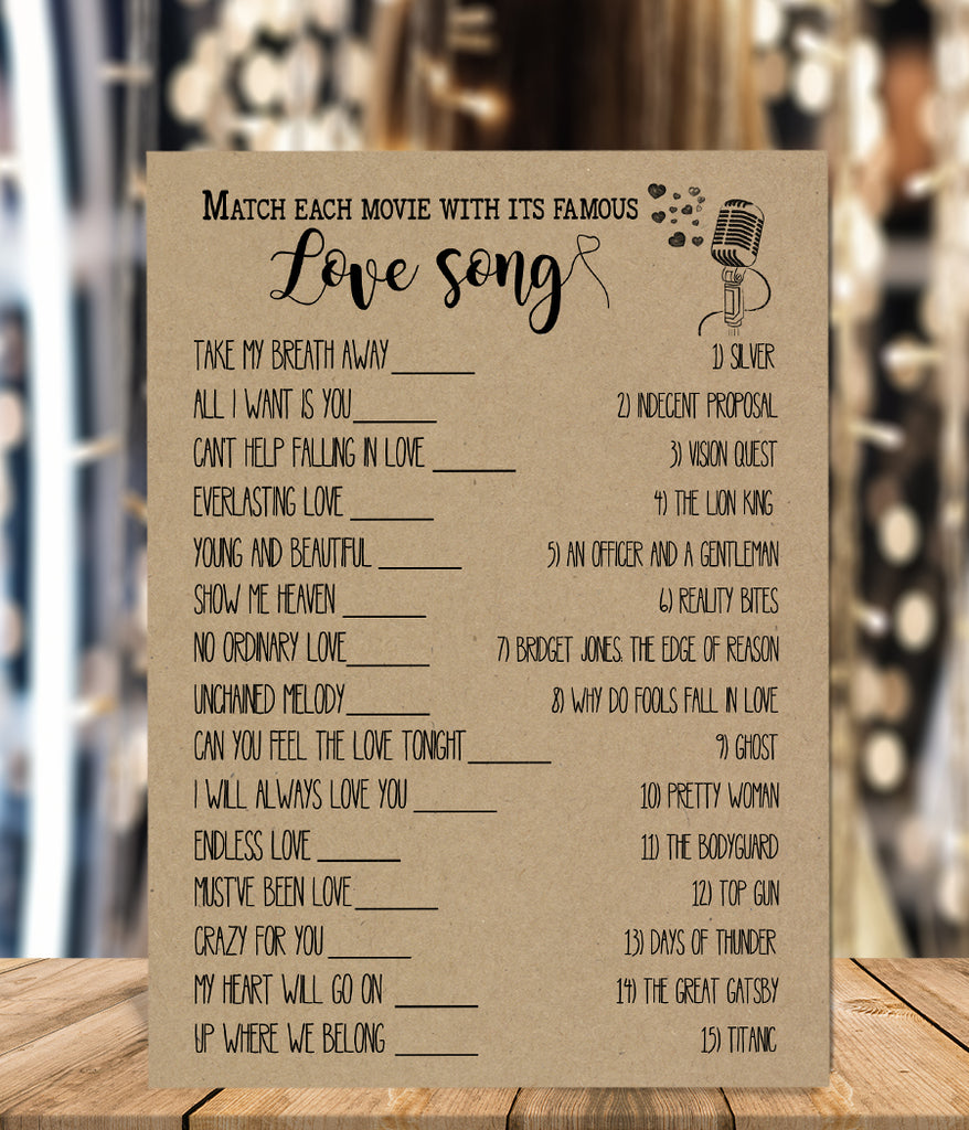 Match Movie with love song Bridal Shower game, Ready to Print, rustic –  designsplusmore