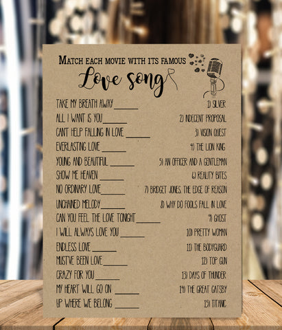 Match Movie with love song Bridal Shower game, Ready to Print, rustic country chic kraft back G 101-12