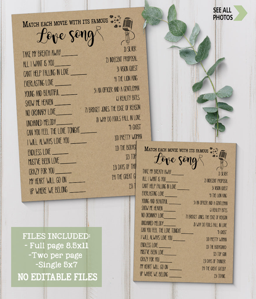 Match Movie with love song Bridal Shower game, Ready to Print, rustic –  designsplusmore