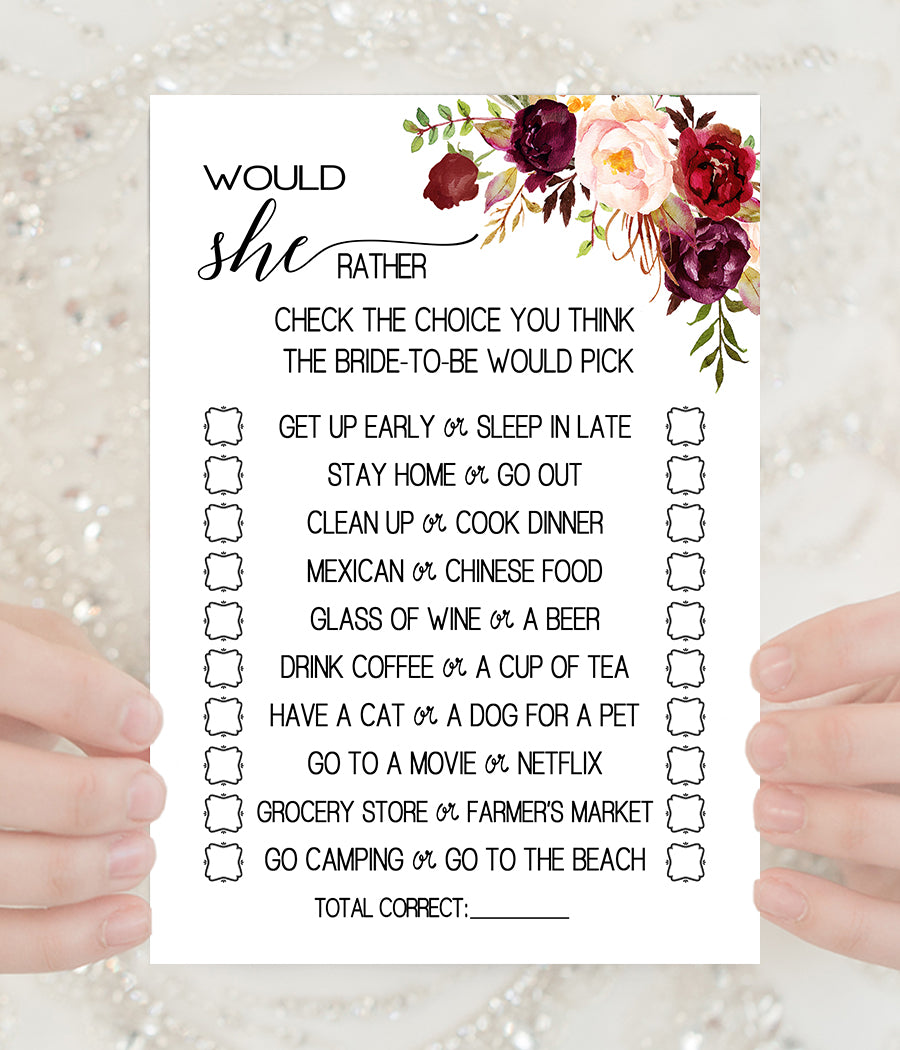 would-she-rather-bridal-shower-game-ready-to-print-marsala-floral-b-designsplusmore for Would She Rather Bridal Shower Game Free Printable Would She Rather? Bridal Shower game, Ready to Print, marsala floral b – designsplusmore for Would She Rather Bridal Shower Game Free Printable