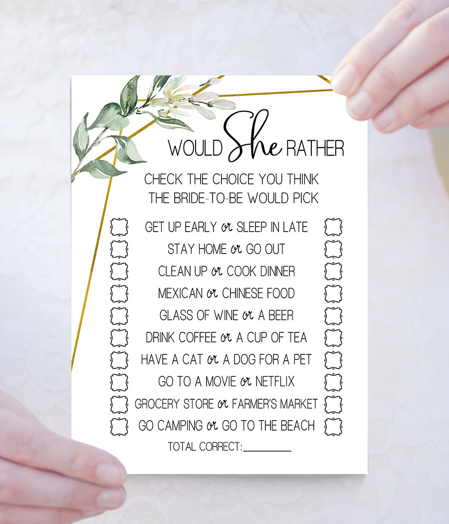 Would She Rather? Bridal Shower game, Ready to Print, greenery gold geometric G 107-13