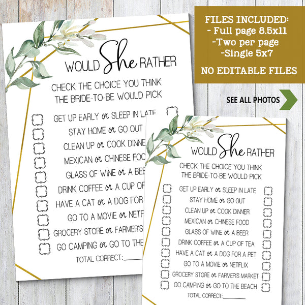 Would She Rather? Bridal Shower game, Ready to Print, greenery gold geometric G 107-13