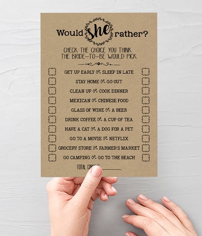 Would She Rather? Bridal Shower game, Ready to Print, rustic country chic kraft back G 101-13