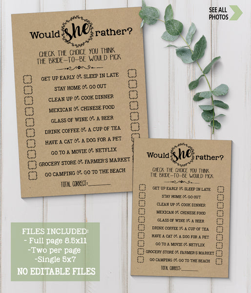 Would She Rather? Bridal Shower game, Ready to Print, rustic country chic kraft back G 101-13