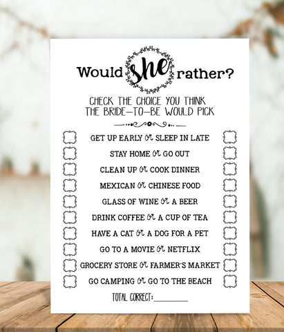 Would She Rather? Bridal Shower game, Ready to Print, modern simple minimalist G 102-13