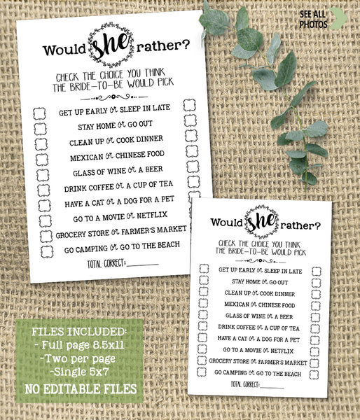 Would She Rather? Bridal Shower game, Ready to Print, modern simple minimalist G 102-13