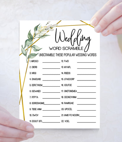 Wedding word scramble bridal shower game, Ready to Print, greenery gold geometric G 107-14