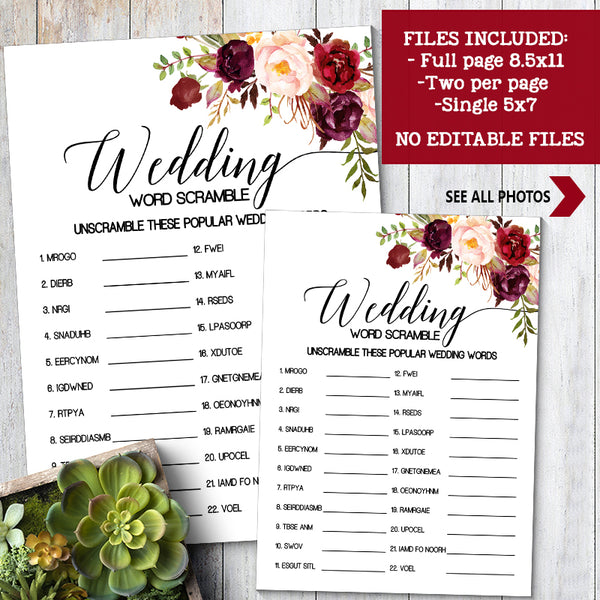 Wedding word scramble bridal shower game, Ready to Print, marsala floral boho chic G 108-14