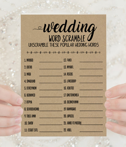 Wedding word scramble bridal shower game, Ready to Print, rustic country chic kraft back G 101-14