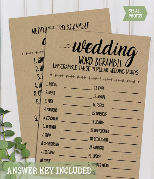 Wedding word scramble bridal shower game, Ready to Print, rustic country chic kraft back G 101-14