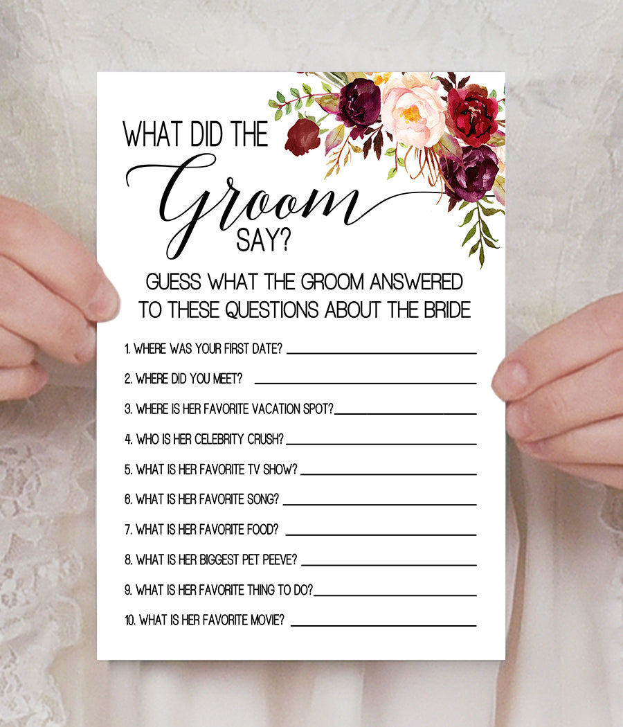 What did the Groom say Bridal Shower game, Ready to Print, marsala floral boho chic G 108-15