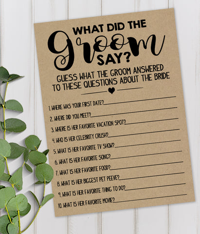 What did the Groom say Bridal Shower game, Ready to Print, rustic country chic kraft back G 101-15