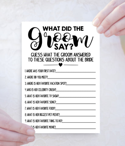 What did the Groom say Bridal Shower game, Ready to Print, modern simple minimalist G 102-15