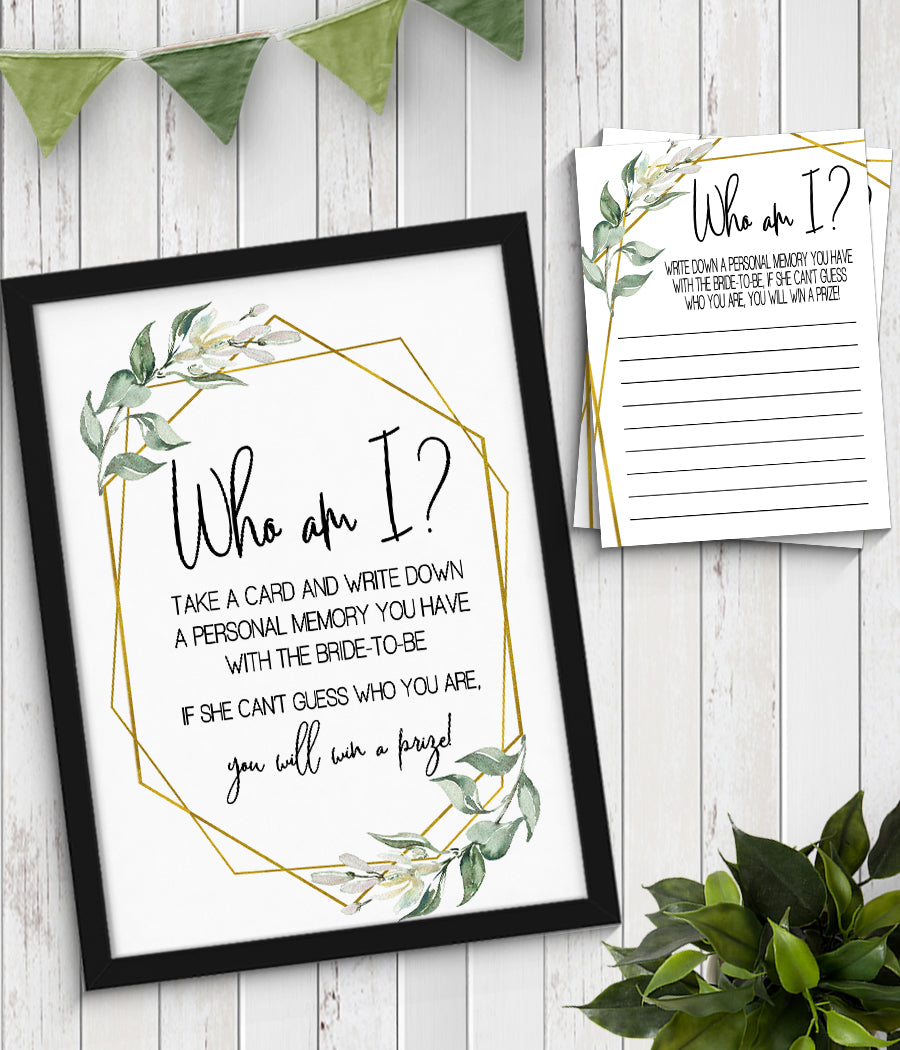 Who I am? Bridal Shower Game, Ready to Print, greenery gold geometric G 107-16