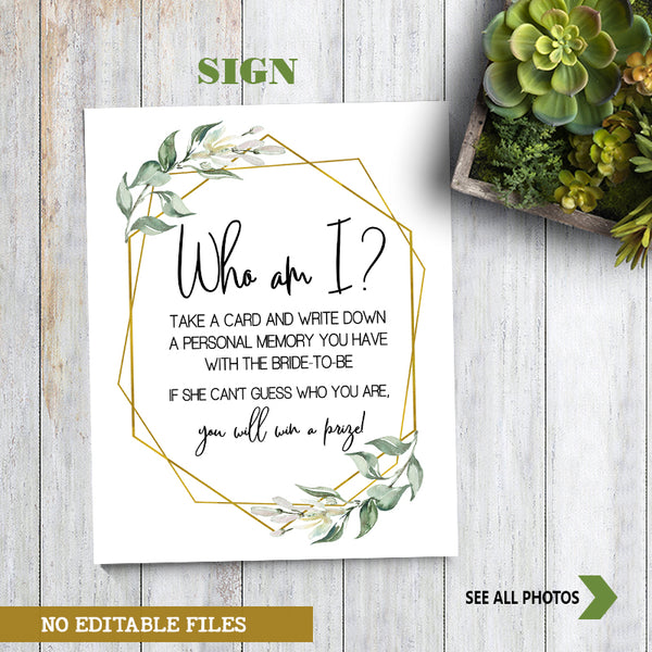 Who I am? Bridal Shower Game, Ready to Print, greenery gold geometric G 107-16