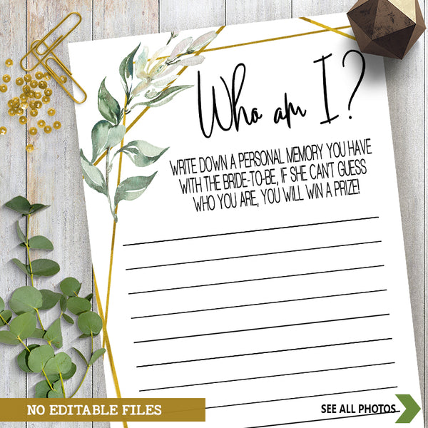 Who I am? Bridal Shower Game, Ready to Print, greenery gold geometric G 107-16